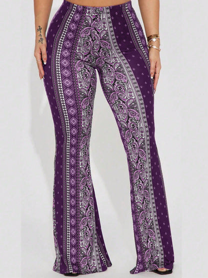 Fashion Women's Paisley Print Flare Leg Pants, Knitted Fabric Long Pants, Medium Stretch Comfortable Wear