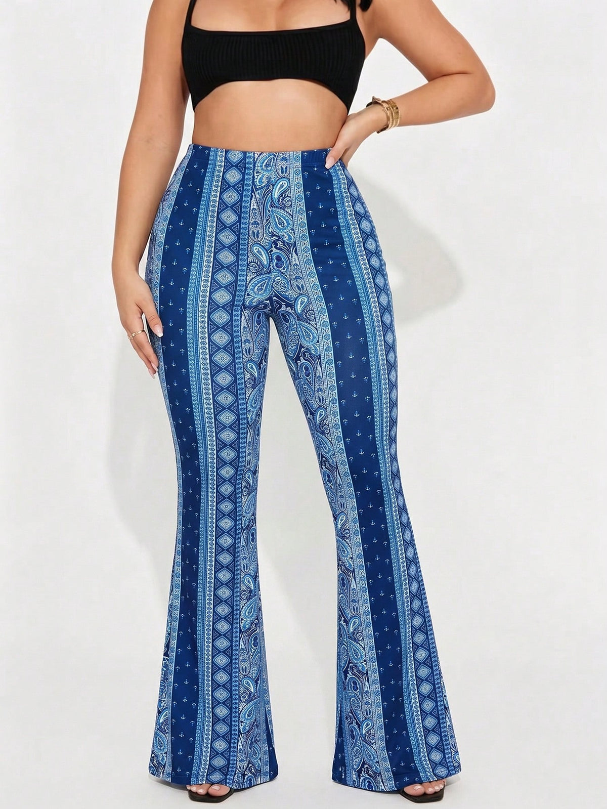 Fashion Women's Paisley Print Flare Leg Pants, Knitted Fabric Long Pants, Medium Stretch Comfortable Wear