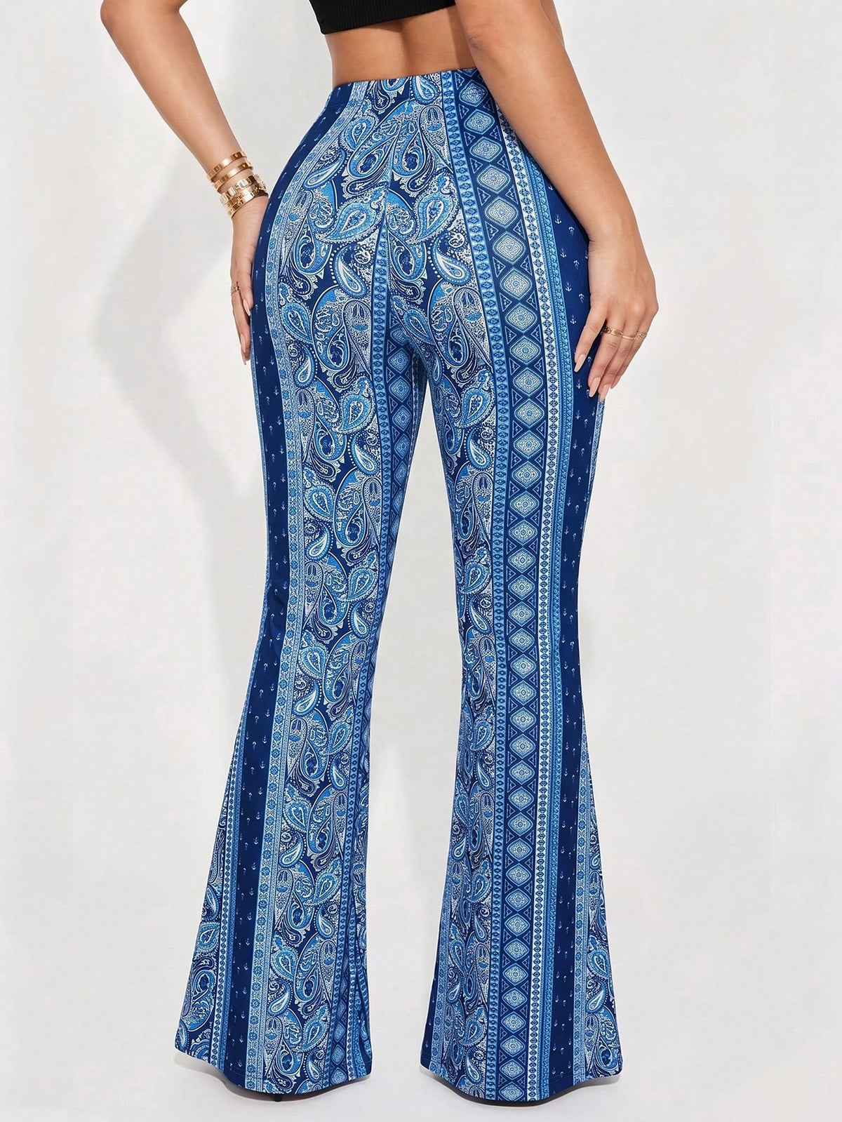 Fashion Women's Paisley Print Flare Leg Pants, Knitted Fabric Long Pants, Medium Stretch Comfortable Wear