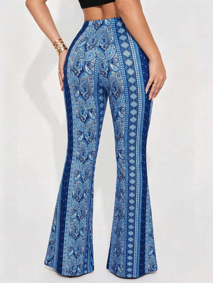 Fashion Women's Paisley Print Flare Leg Pants, Knitted Fabric Long Pants, Medium Stretch Comfortable Wear