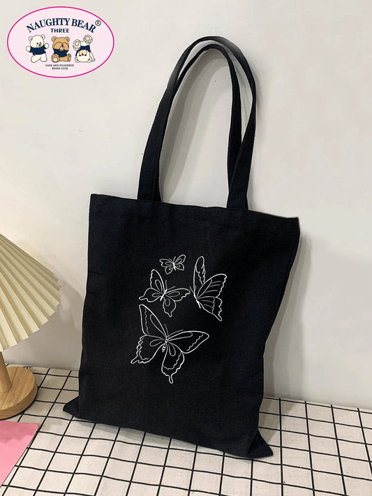 Fashionable And Simple Butterfly And Line Pattern Printed Canvas Tote Bag School Bag,Large Capacity,Portable,Foldable,Classic Casual, Suitable For Teen Girls Women College Students, Perfect For Back T