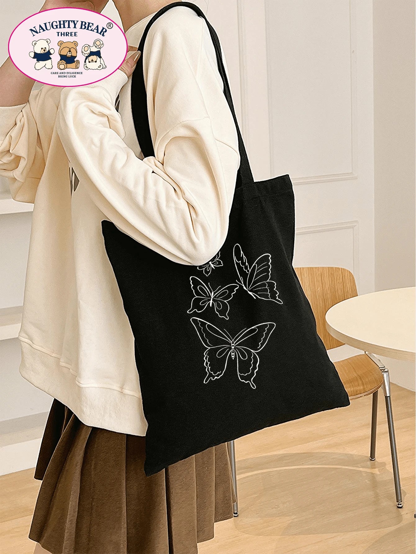 Fashionable And Simple Butterfly And Line Pattern Printed Canvas Tote Bag School Bag,Large Capacity,Portable,Foldable,Classic Casual, Suitable For Teen Girls Women College Students, Perfect For Back T