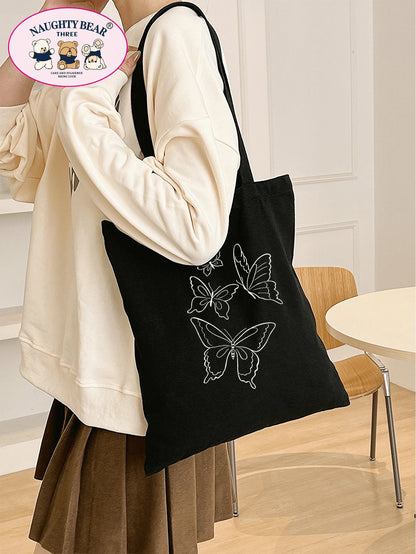 Fashionable And Simple Butterfly And Line Pattern Printed Canvas Tote Bag School Bag,Large Capacity,Portable,Foldable,Classic Casual, Suitable For Teen Girls Women College Students, Perfect For Back T