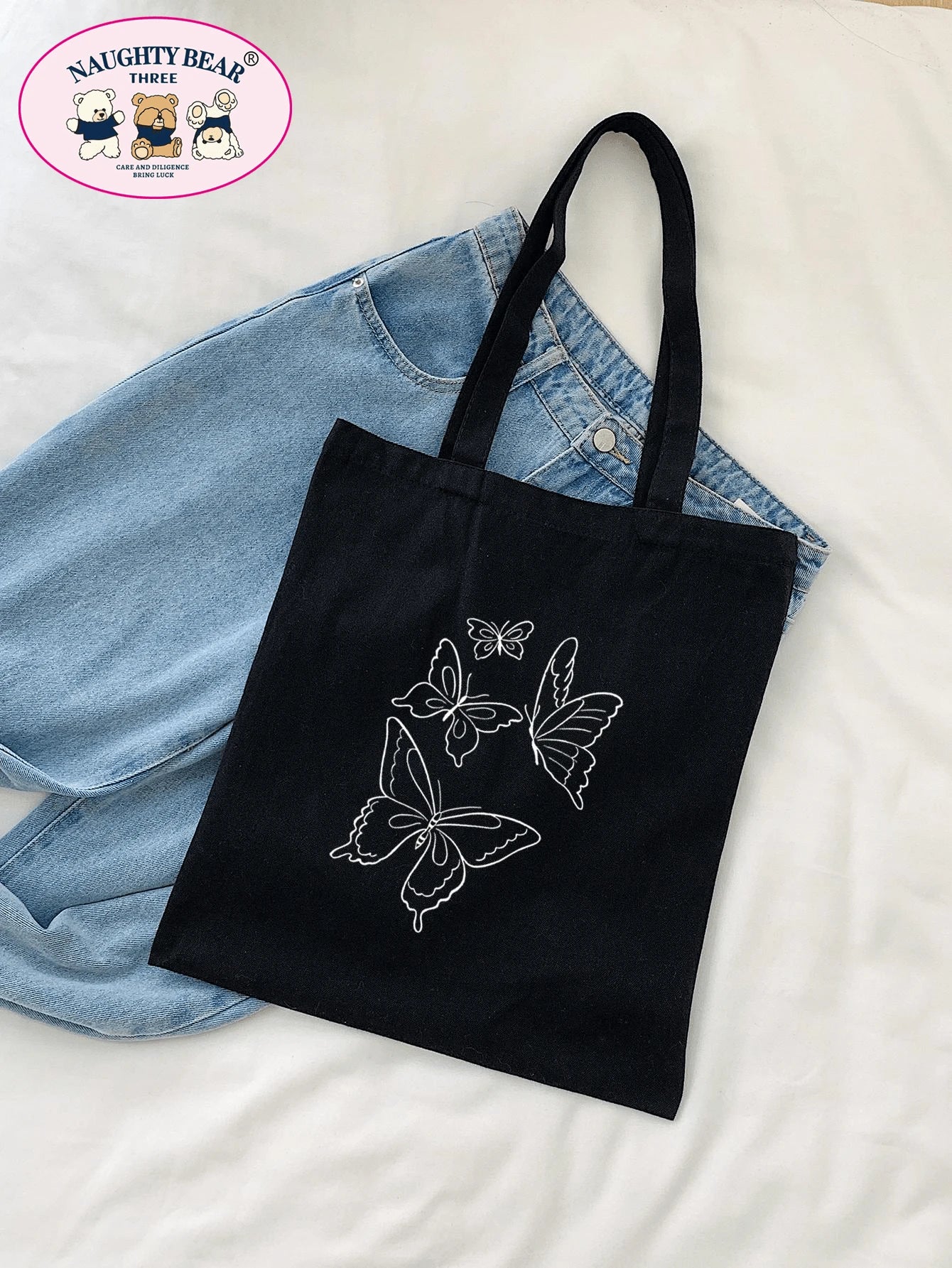 Fashionable And Simple Butterfly And Line Pattern Printed Canvas Tote Bag School Bag,Large Capacity,Portable,Foldable,Classic Casual, Suitable For Teen Girls Women College Students, Perfect For Back T