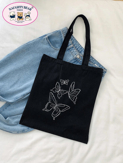 Fashionable And Simple Butterfly And Line Pattern Printed Canvas Tote Bag School Bag,Large Capacity,Portable,Foldable,Classic Casual, Suitable For Teen Girls Women College Students, Perfect For Back T