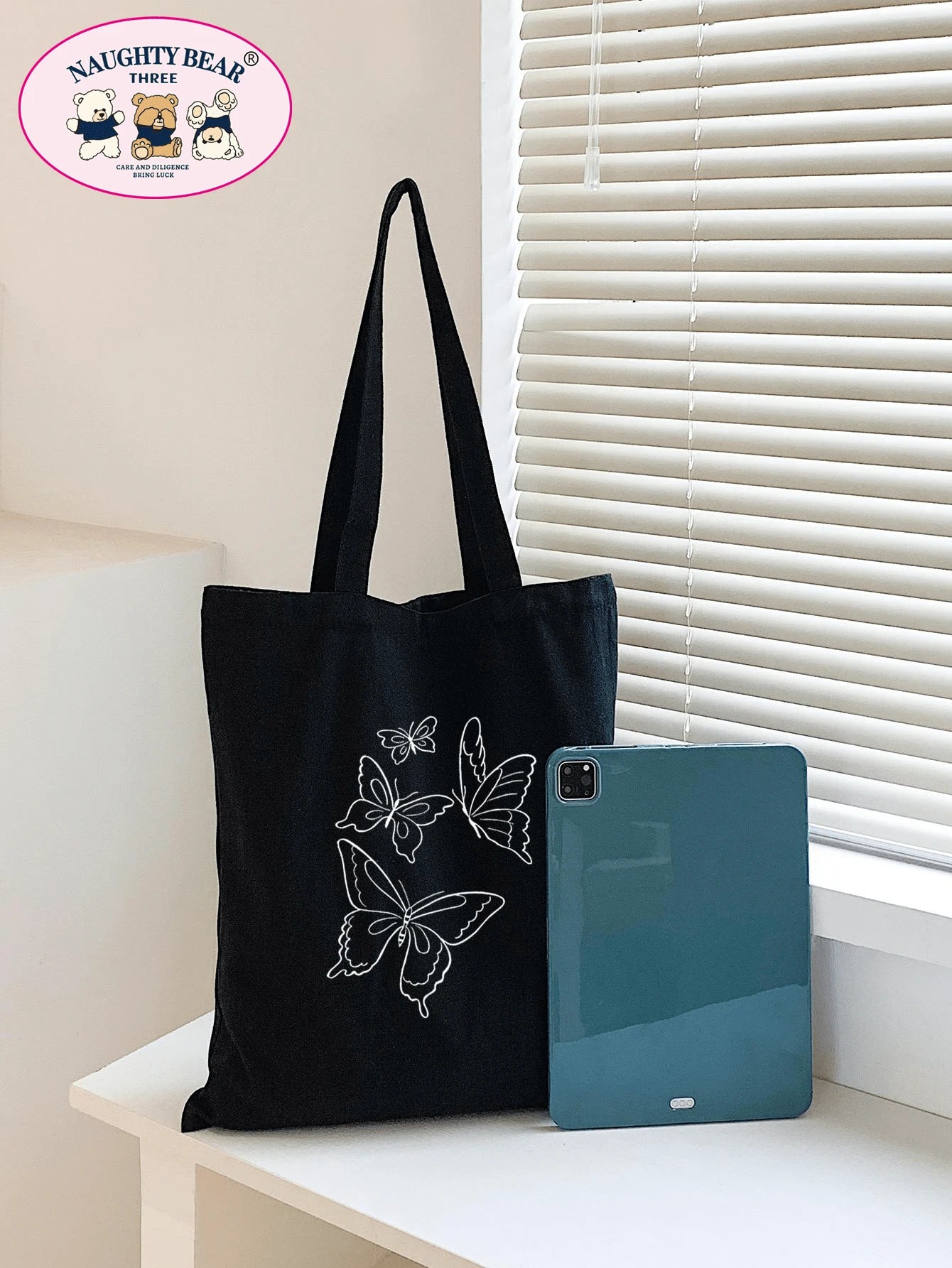 Fashionable And Simple Butterfly And Line Pattern Printed Canvas Tote Bag School Bag,Large Capacity,Portable,Foldable,Classic Casual, Suitable For Teen Girls Women College Students, Perfect For Back T