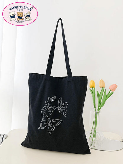 Fashionable And Simple Butterfly And Line Pattern Printed Canvas Tote Bag School Bag,Large Capacity,Portable,Foldable,Classic Casual, Suitable For Teen Girls Women College Students, Perfect For Back T