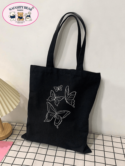 Fashionable And Simple Butterfly And Line Pattern Printed Canvas Tote Bag School Bag,Large Capacity,Portable,Foldable,Classic Casual, Suitable For Teen Girls Women College Students, Perfect For Back T
