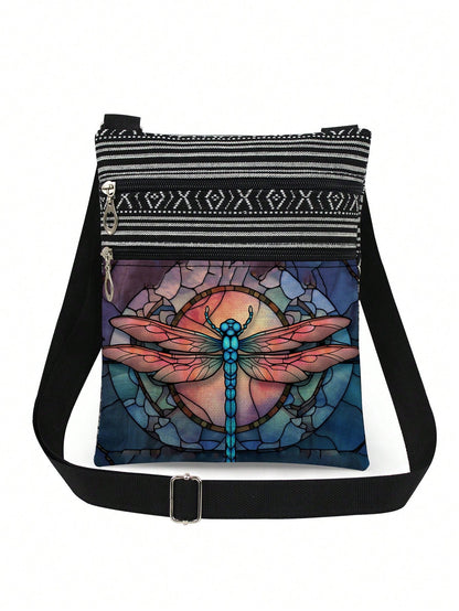 Fashionable Art Glass Dragonfly Pattern Crossbody Bag, Unisex Reusable Shoulder Bag, Painting Glass Animal Print Storage Bag, Casual Portable Shoulder Bag With Adjustable Strap, Party Gift For Glass A