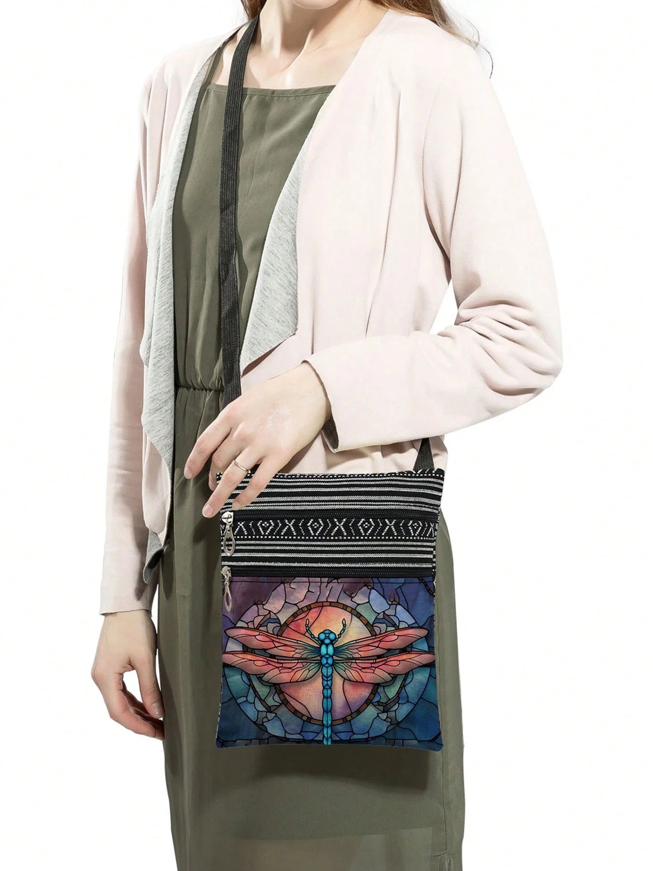 Fashionable Art Glass Dragonfly Pattern Crossbody Bag, Unisex Reusable Shoulder Bag, Painting Glass Animal Print Storage Bag, Casual Portable Shoulder Bag With Adjustable Strap, Party Gift For Glass A