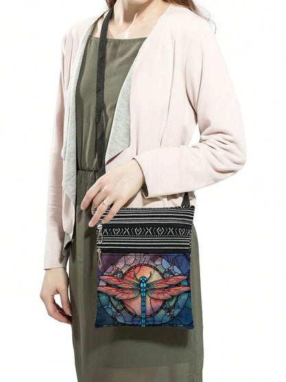 Fashionable Art Glass Dragonfly Pattern Crossbody Bag, Unisex Reusable Shoulder Bag, Painting Glass Animal Print Storage Bag, Casual Portable Shoulder Bag With Adjustable Strap, Party Gift For Glass A