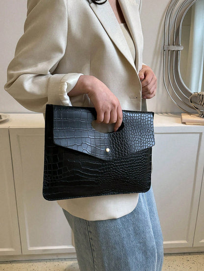 Fashionable Black PU Flap Envelope Clutch Bag, High-Quality Crocodile Texture, Minimalist Design, Versatile, Unique Animal Print Pattern Women Clutch Bag