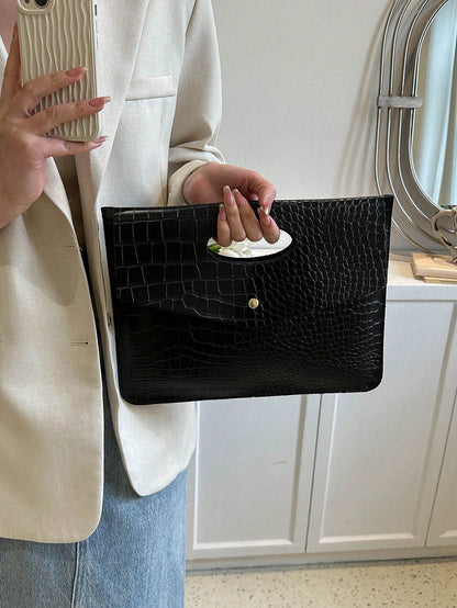 Fashionable Black PU Flap Envelope Clutch Bag, High-Quality Crocodile Texture, Minimalist Design, Versatile, Unique Animal Print Pattern Women Clutch Bag