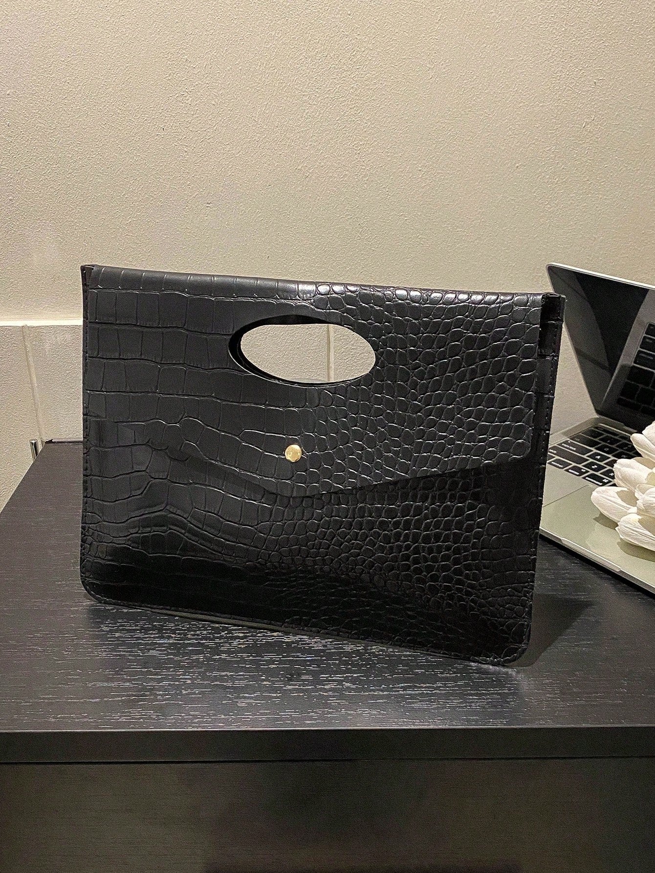 Fashionable Black PU Flap Envelope Clutch Bag, High-Quality Crocodile Texture, Minimalist Design, Versatile, Unique Animal Print Pattern Women Clutch Bag