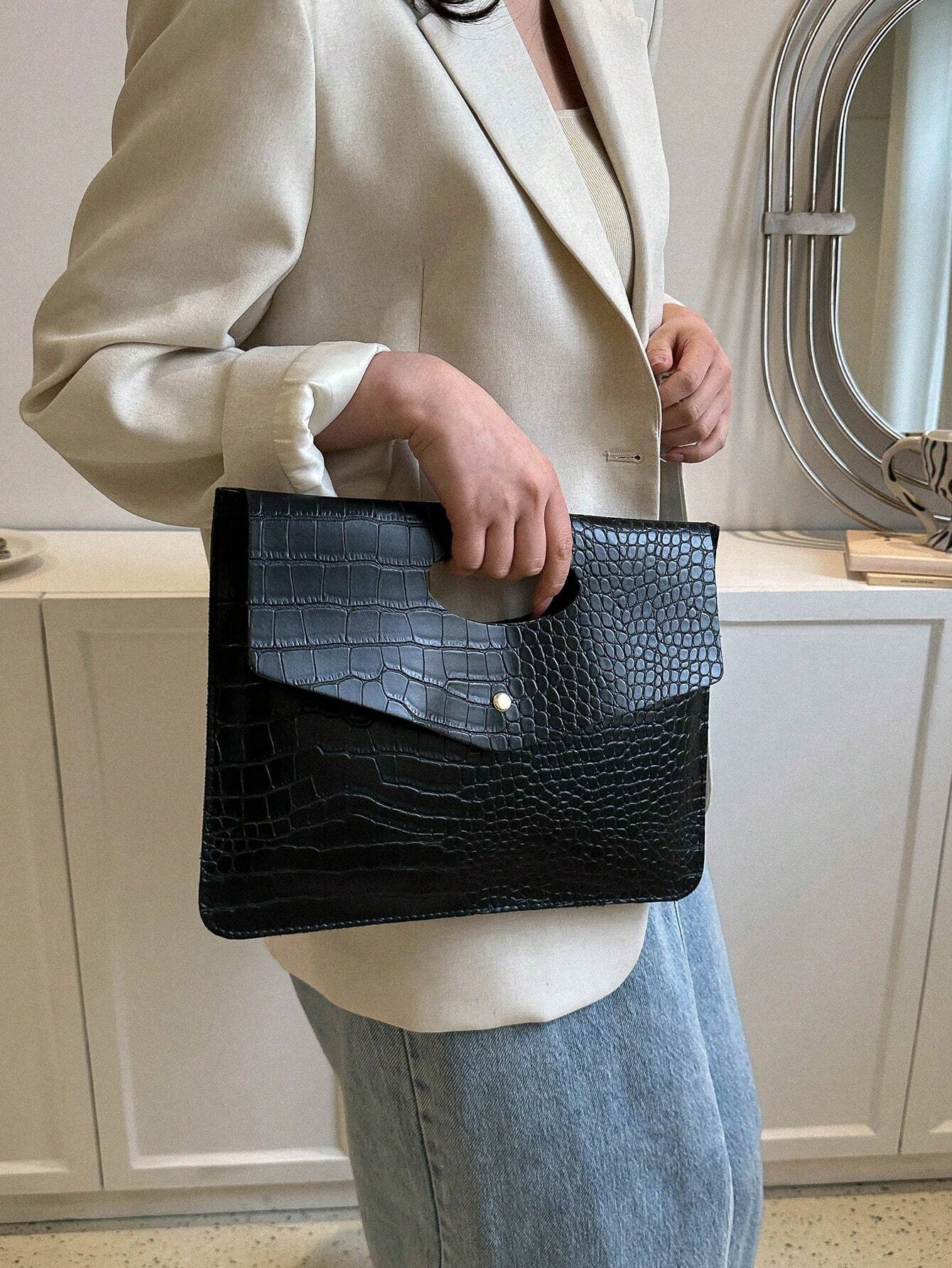 Fashionable Black PU Flap Envelope Clutch Bag, High-Quality Crocodile Texture, Minimalist Design, Versatile, Unique Animal Print Pattern Women Clutch Bag