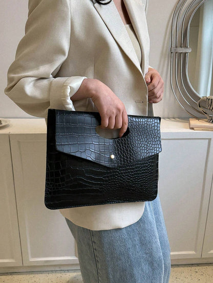 Fashionable Black PU Flap Envelope Clutch Bag, High-Quality Crocodile Texture, Minimalist Design, Versatile, Unique Animal Print Pattern Women Clutch Bag