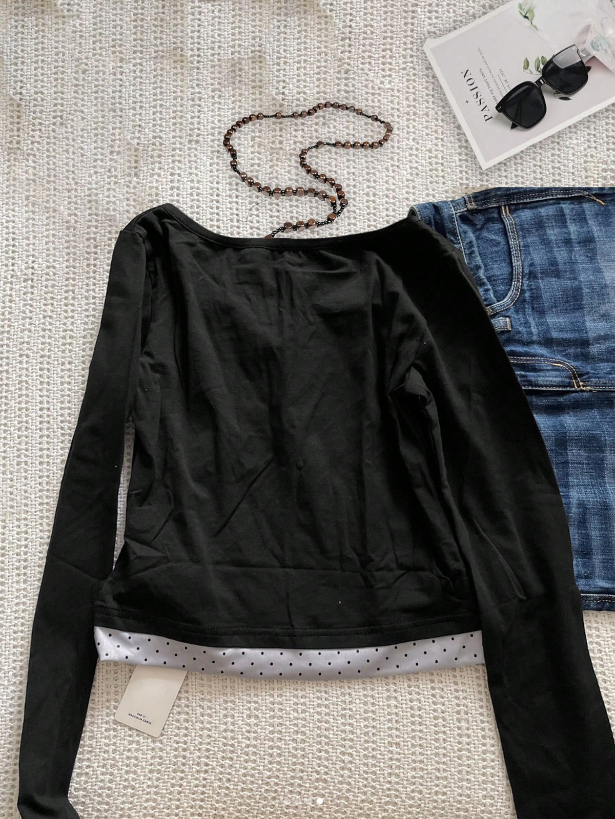 Fashionable Casual Women's Polka Dot Print Chiffon Patchwork Bow Decor Long Sleeve Top Black Spring