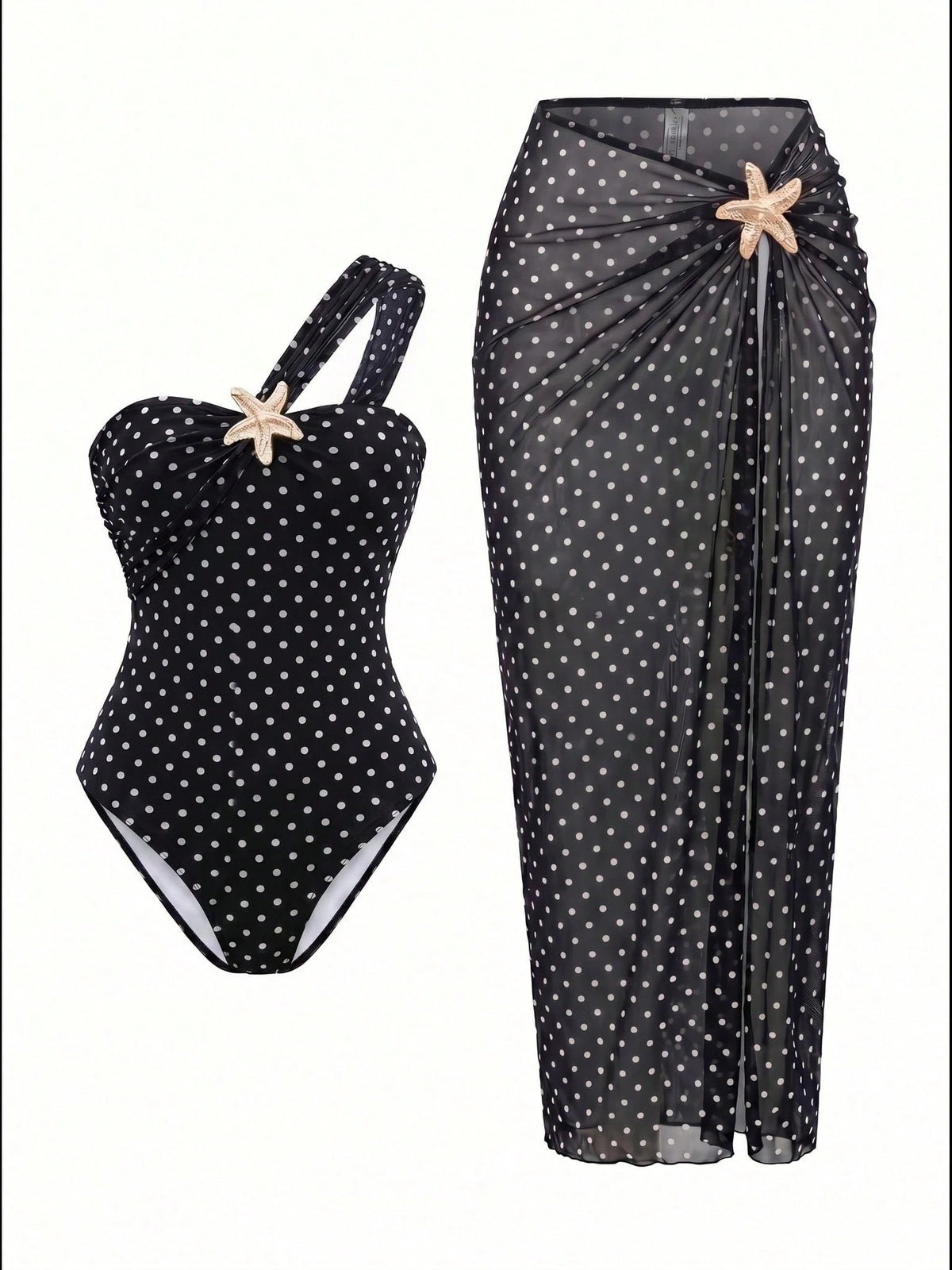 Fashionable Elegant Beach Resort Summer Sexy Black One-Piece Star Accent Skirt Swimwear Set Vacation, Aesthetic