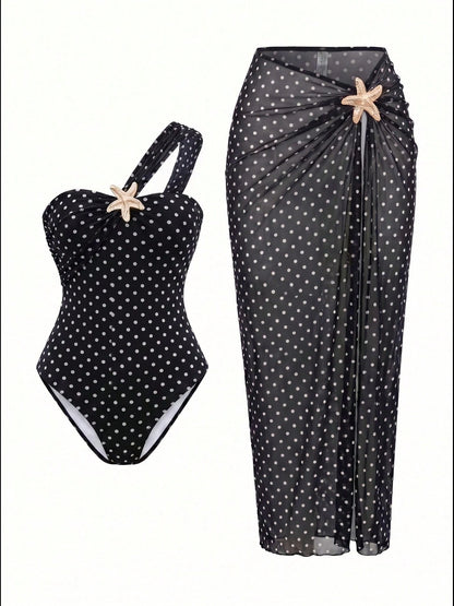Fashionable Elegant Beach Resort Summer Sexy Black One-Piece Star Accent Skirt Swimwear Set Vacation, Aesthetic