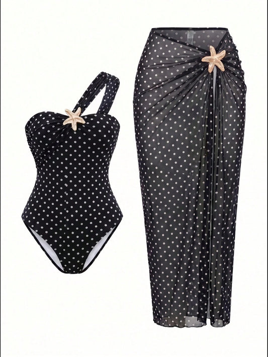 Fashionable Elegant Beach Resort Summer Sexy Black One-Piece Star Accent Skirt Swimwear Set Vacation, Aesthetic