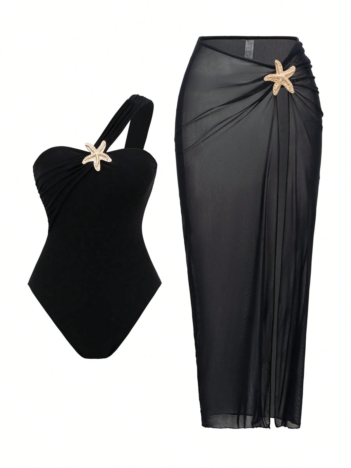 Fashionable Elegant Beach Resort Summer Sexy Black One-Piece Star Accent Skirt Swimwear Set Vacation, Aesthetic