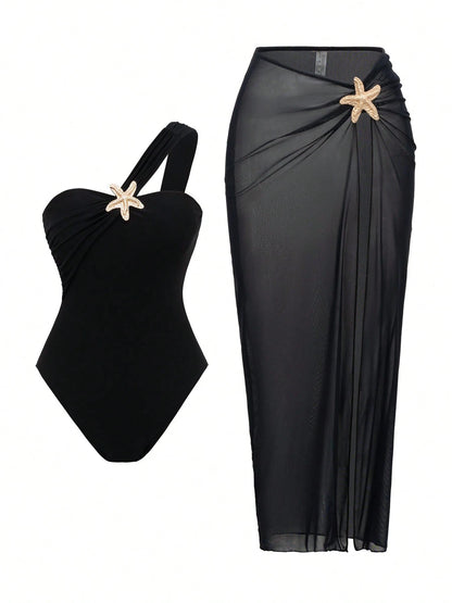 Fashionable Elegant Beach Resort Summer Sexy Black One-Piece Star Accent Skirt Swimwear Set Vacation, Aesthetic