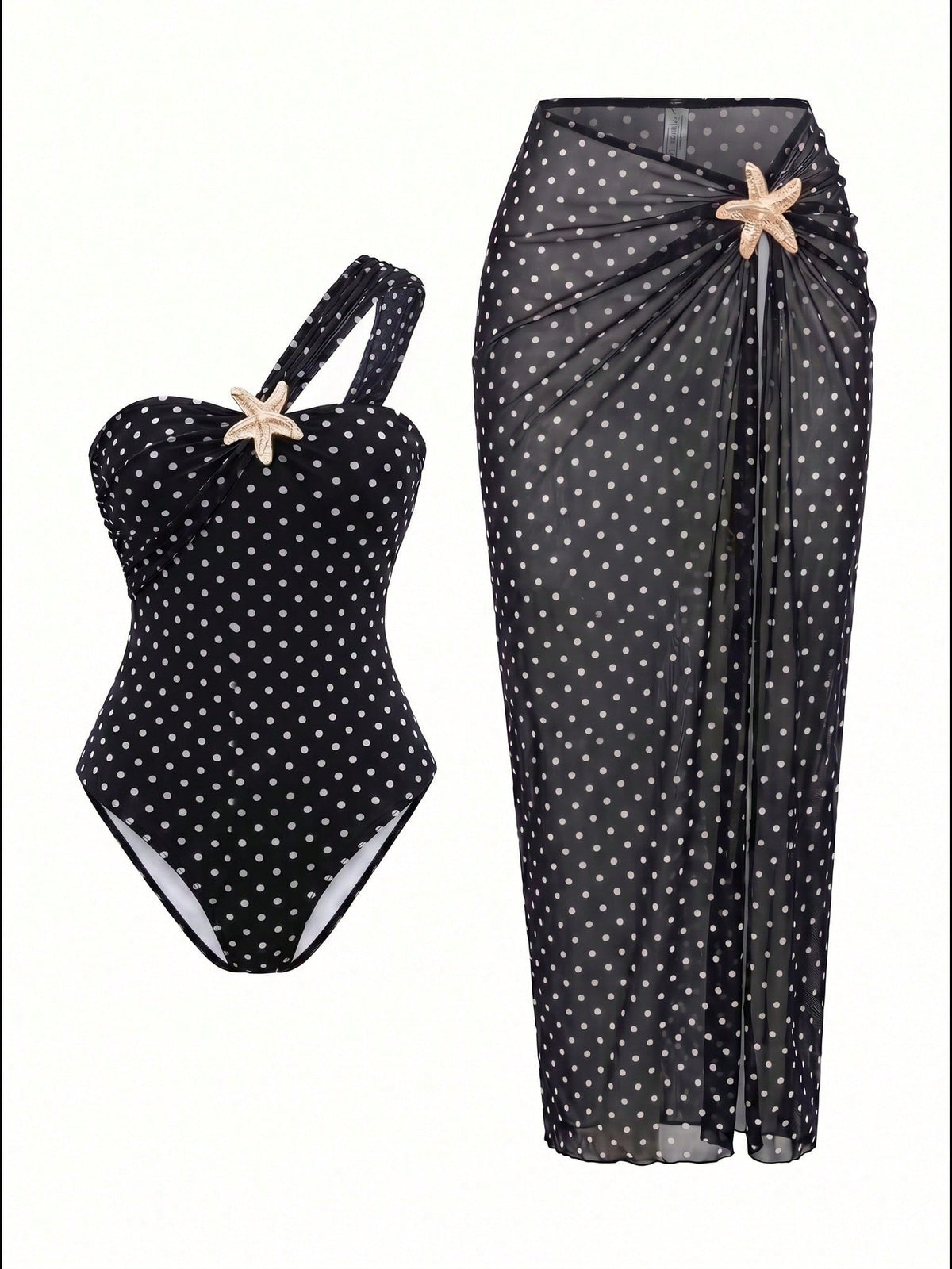Fashionable Elegant Beach Resort Summer Sexy Black One-Piece Star Accent Skirt Swimwear Set Vacation, Aesthetic