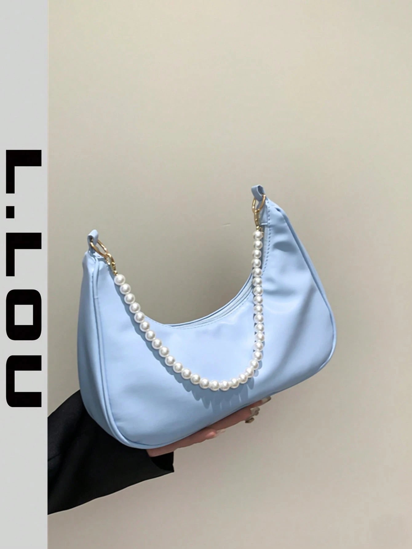 Fashionable Faux Pearl Chain Crescent Shoulder Bag, Stylish Shoulder Baguette Bag, Handheld Small Bag, Outdoor Casual Bag, Versatile Commuter Bag, Elegant Faux Pearl Bag, Pearl Bag