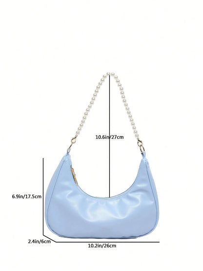 Fashionable Faux Pearl Chain Crescent Shoulder Bag, Stylish Shoulder Baguette Bag, Handheld Small Bag, Outdoor Casual Bag, Versatile Commuter Bag, Elegant Faux Pearl Bag, Pearl Bag