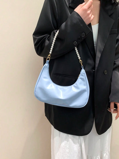 Fashionable Faux Pearl Chain Crescent Shoulder Bag, Stylish Shoulder Baguette Bag, Handheld Small Bag, Outdoor Casual Bag, Versatile Commuter Bag, Elegant Faux Pearl Bag, Pearl Bag