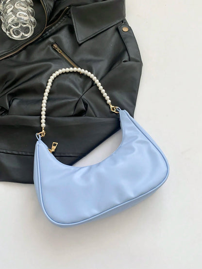 Fashionable Faux Pearl Chain Crescent Shoulder Bag, Stylish Shoulder Baguette Bag, Handheld Small Bag, Outdoor Casual Bag, Versatile Commuter Bag, Elegant Faux Pearl Bag, Pearl Bag