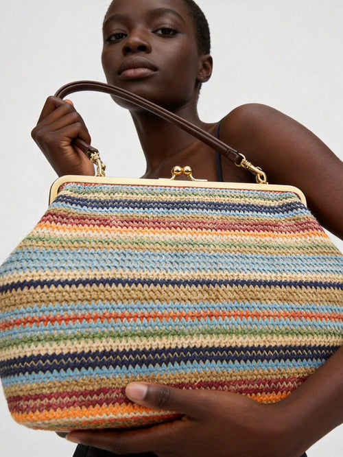 Fashionable Large Striped Clasp Shell Women's Shoulder Bag Designer PP Straw Woven Tote Bag Luxury Casual Summer Beach Woven Clutch Bag For Vacation