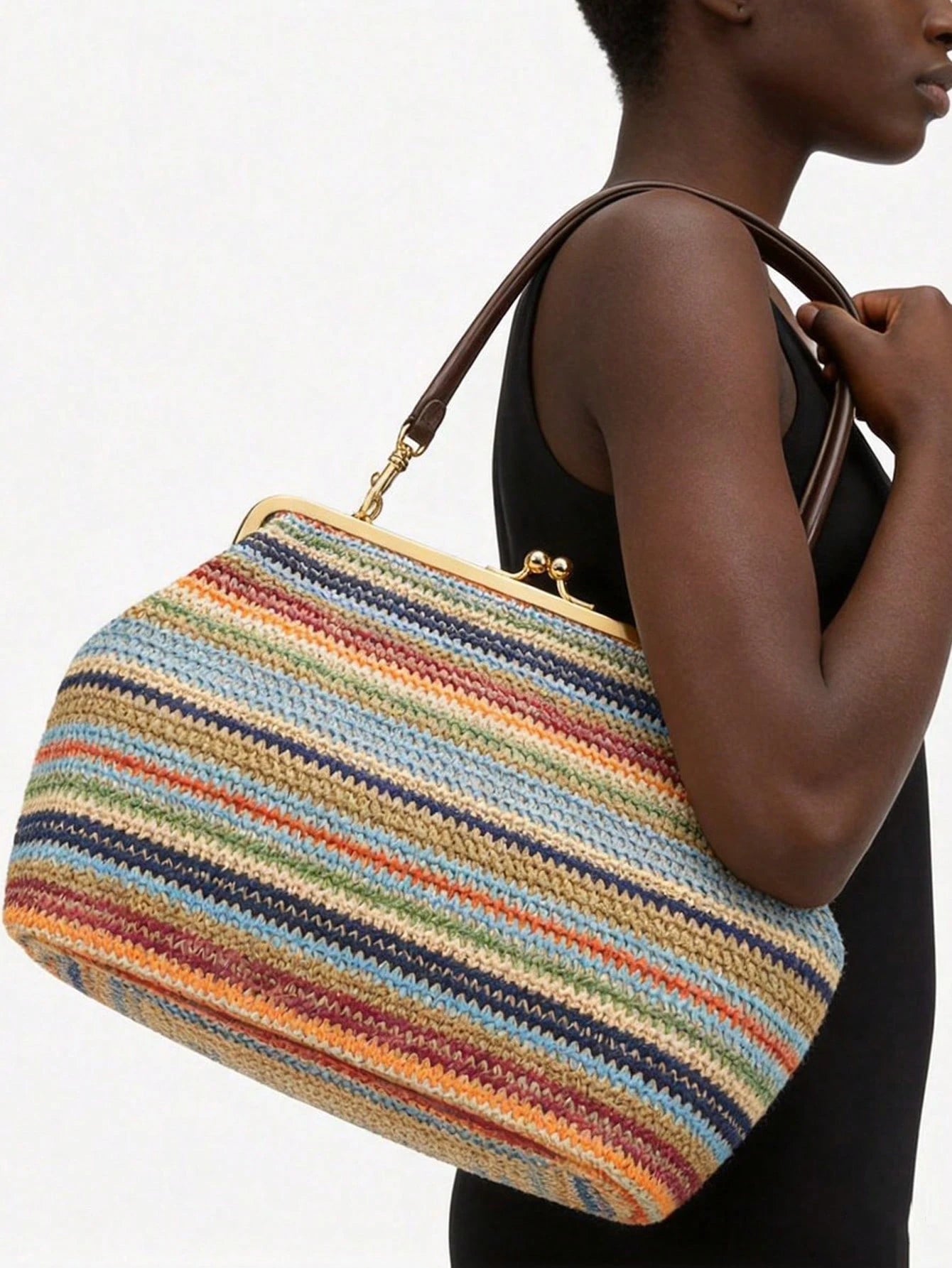Fashionable Large Striped Clasp Shell Women's Shoulder Bag Designer PP Straw Woven Tote Bag Luxury Casual Summer Beach Woven Clutch Bag For Vacation