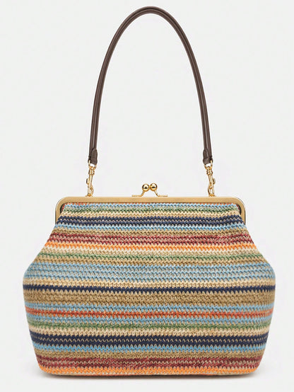 Fashionable Large Striped Clasp Shell Women's Shoulder Bag Designer PP Straw Woven Tote Bag Luxury Casual Summer Beach Woven Clutch Bag For Vacation