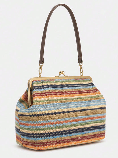 Fashionable Large Striped Clasp Shell Women's Shoulder Bag Designer PP Straw Woven Tote Bag Luxury Casual Summer Beach Woven Clutch Bag For Vacation