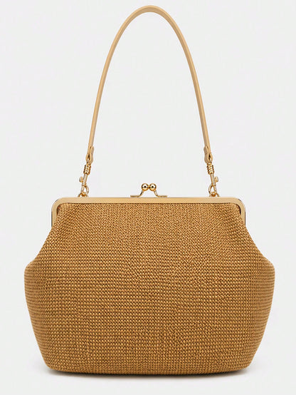 Fashionable Large Striped Clasp Shell Women's Shoulder Bag Designer PP Straw Woven Tote Bag Luxury Casual Summer Beach Woven Clutch Bag For Vacation