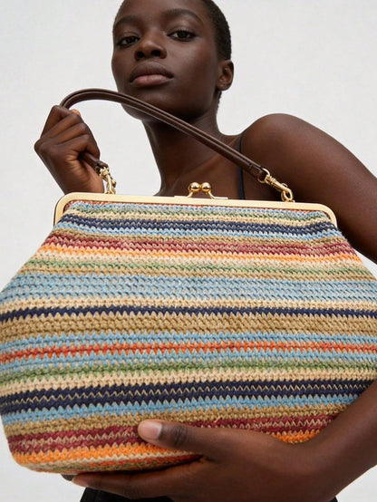 Fashionable Large Striped Clasp Shell Women's Shoulder Bag Designer PP Straw Woven Tote Bag Luxury Casual Summer Beach Woven Clutch Bag For Vacation