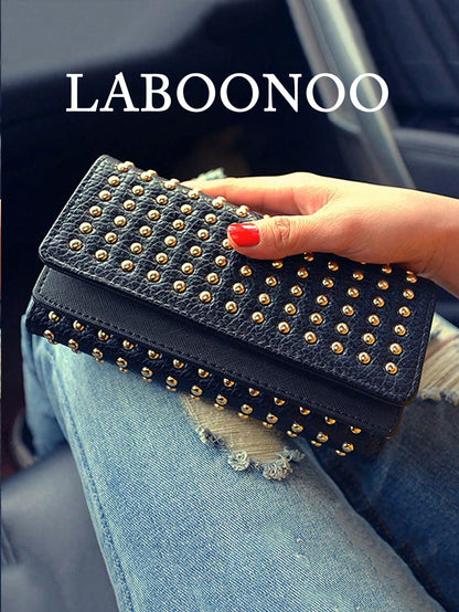 Fashionable Rivet Decorated Trifold Long Wallet, Versatile For Daily Use