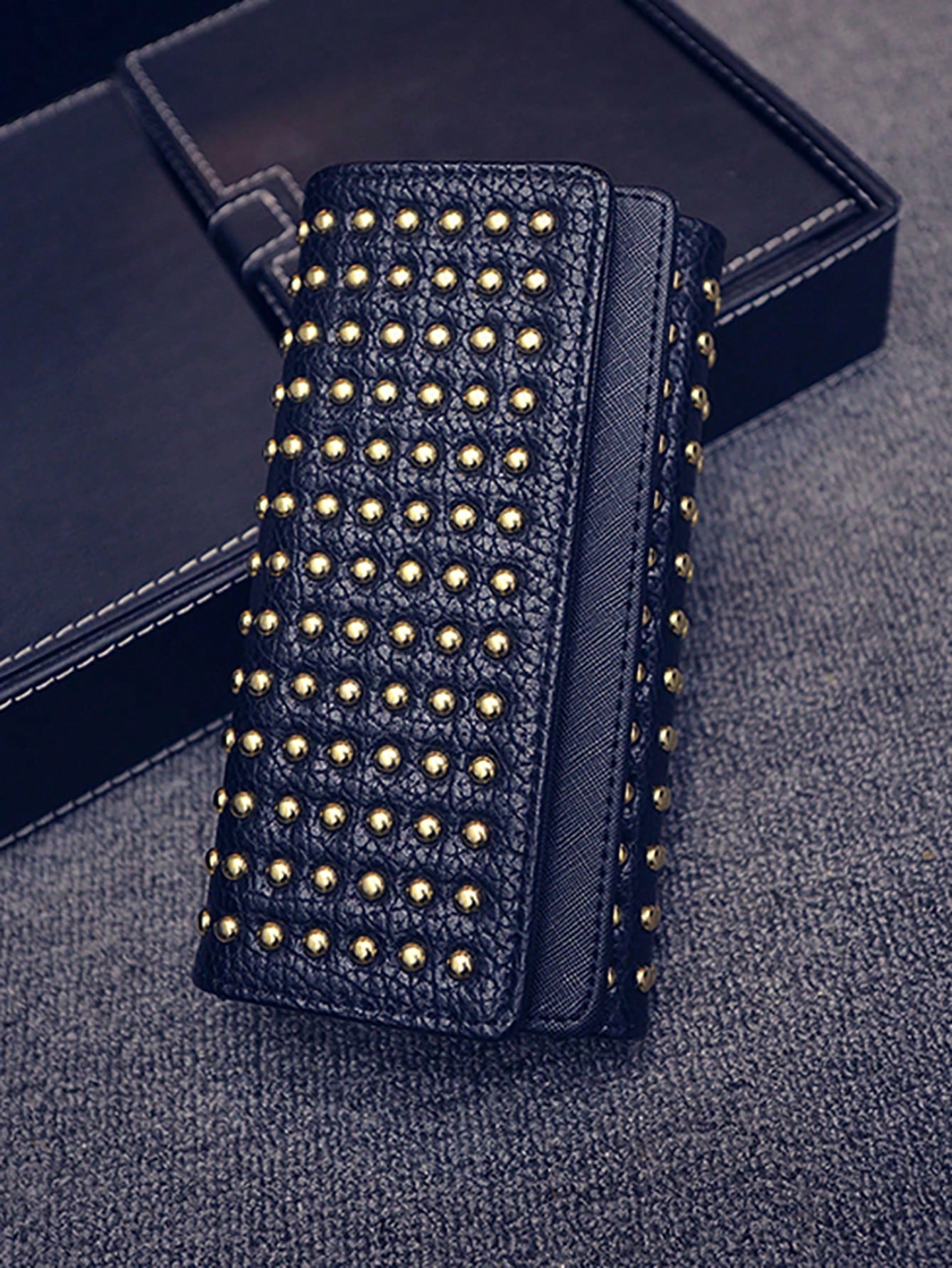 Fashionable Rivet Decorated Trifold Long Wallet, Versatile For Daily Use