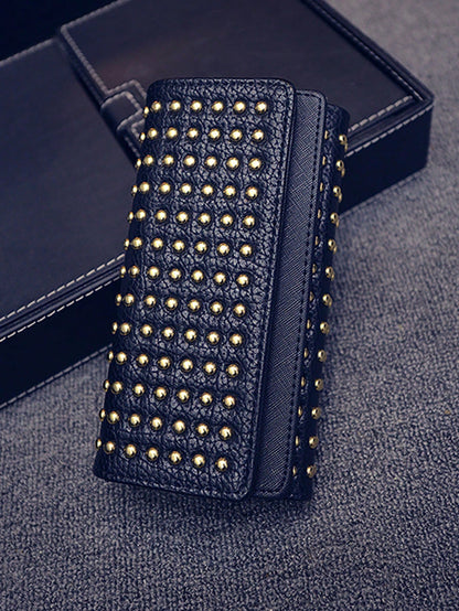 Fashionable Rivet Decorated Trifold Long Wallet, Versatile For Daily Use