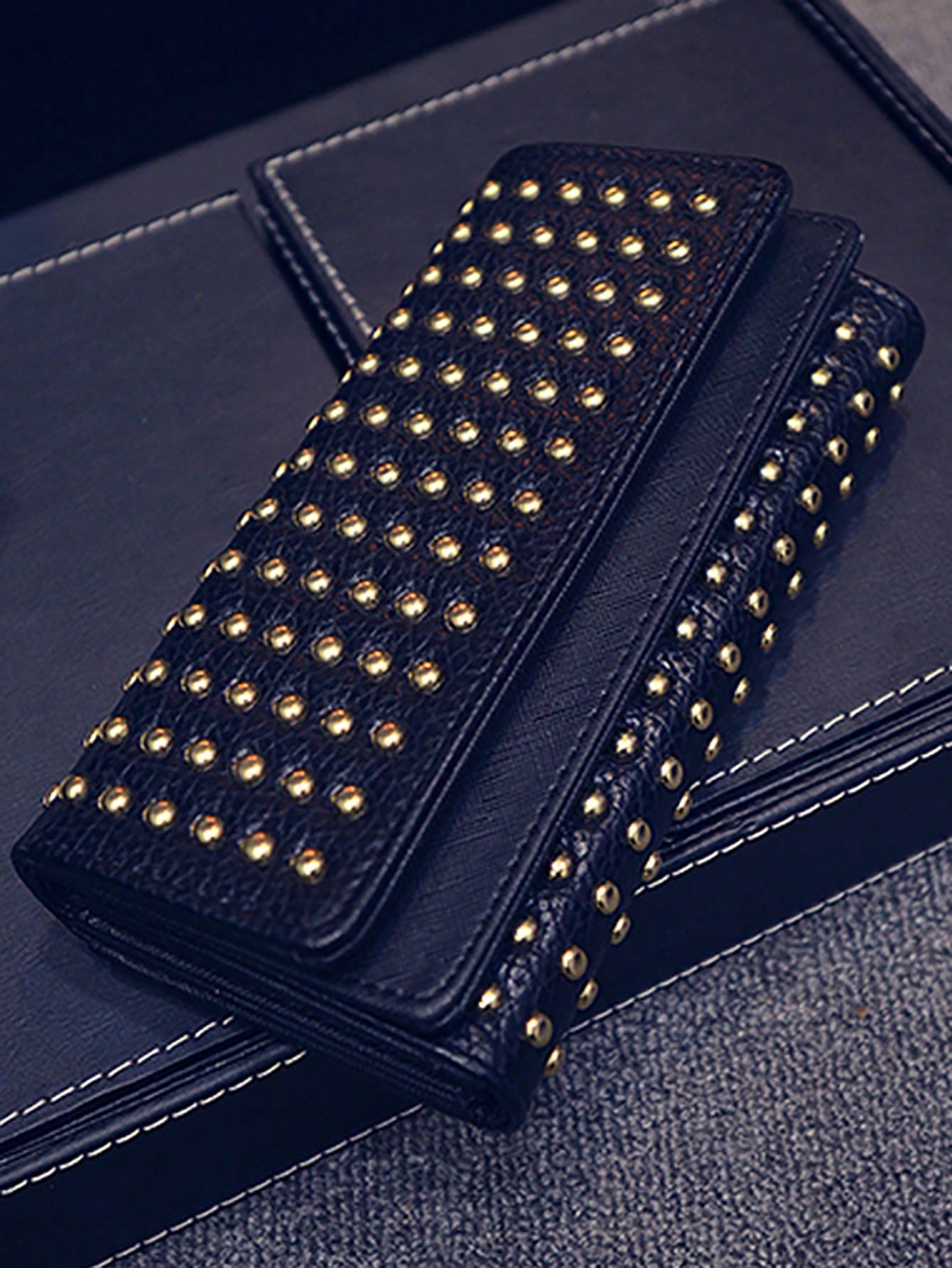 Fashionable Rivet Decorated Trifold Long Wallet, Versatile For Daily Use