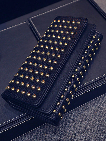 Fashionable Rivet Decorated Trifold Long Wallet, Versatile For Daily Use