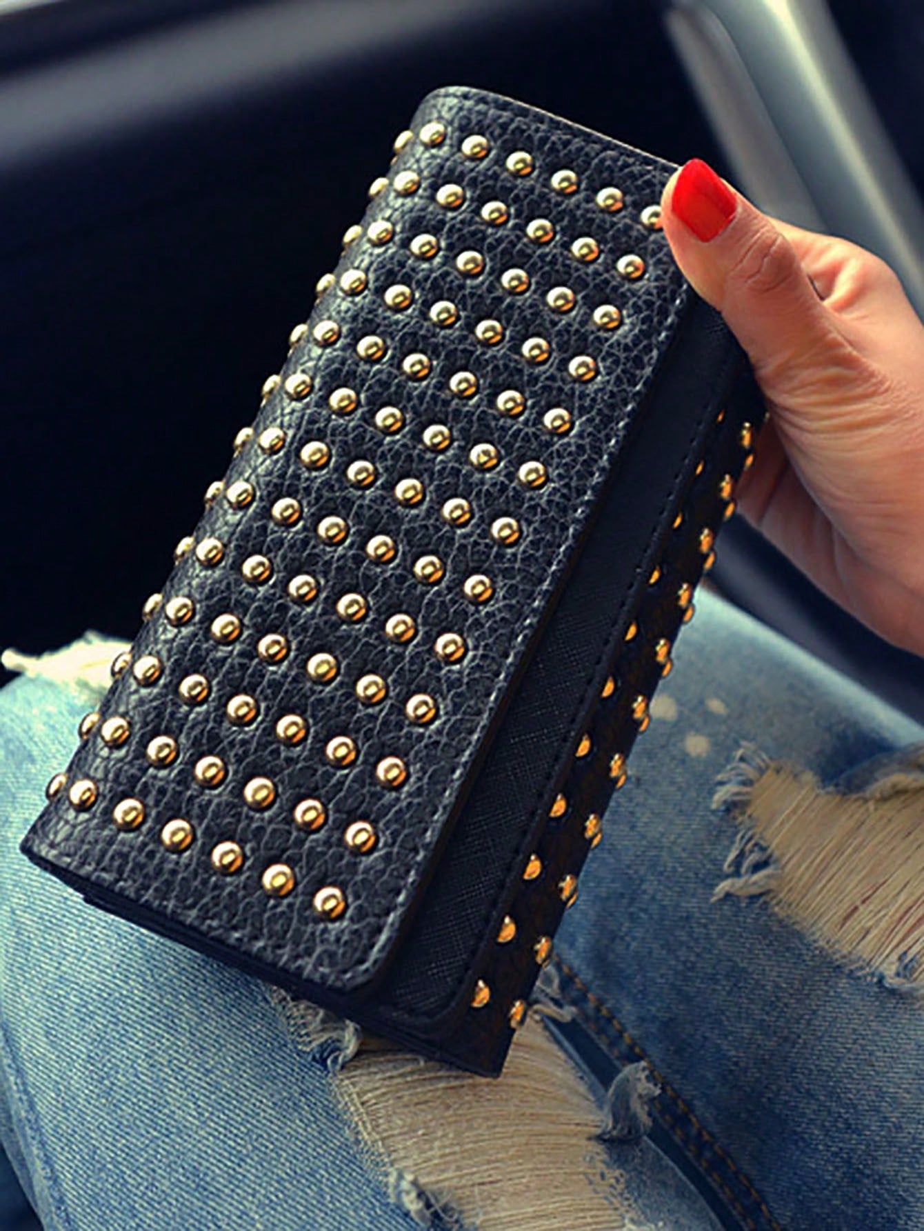 Fashionable Rivet Decorated Trifold Long Wallet, Versatile For Daily Use