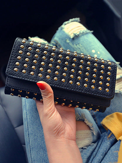 Fashionable Rivet Decorated Trifold Long Wallet, Versatile For Daily Use