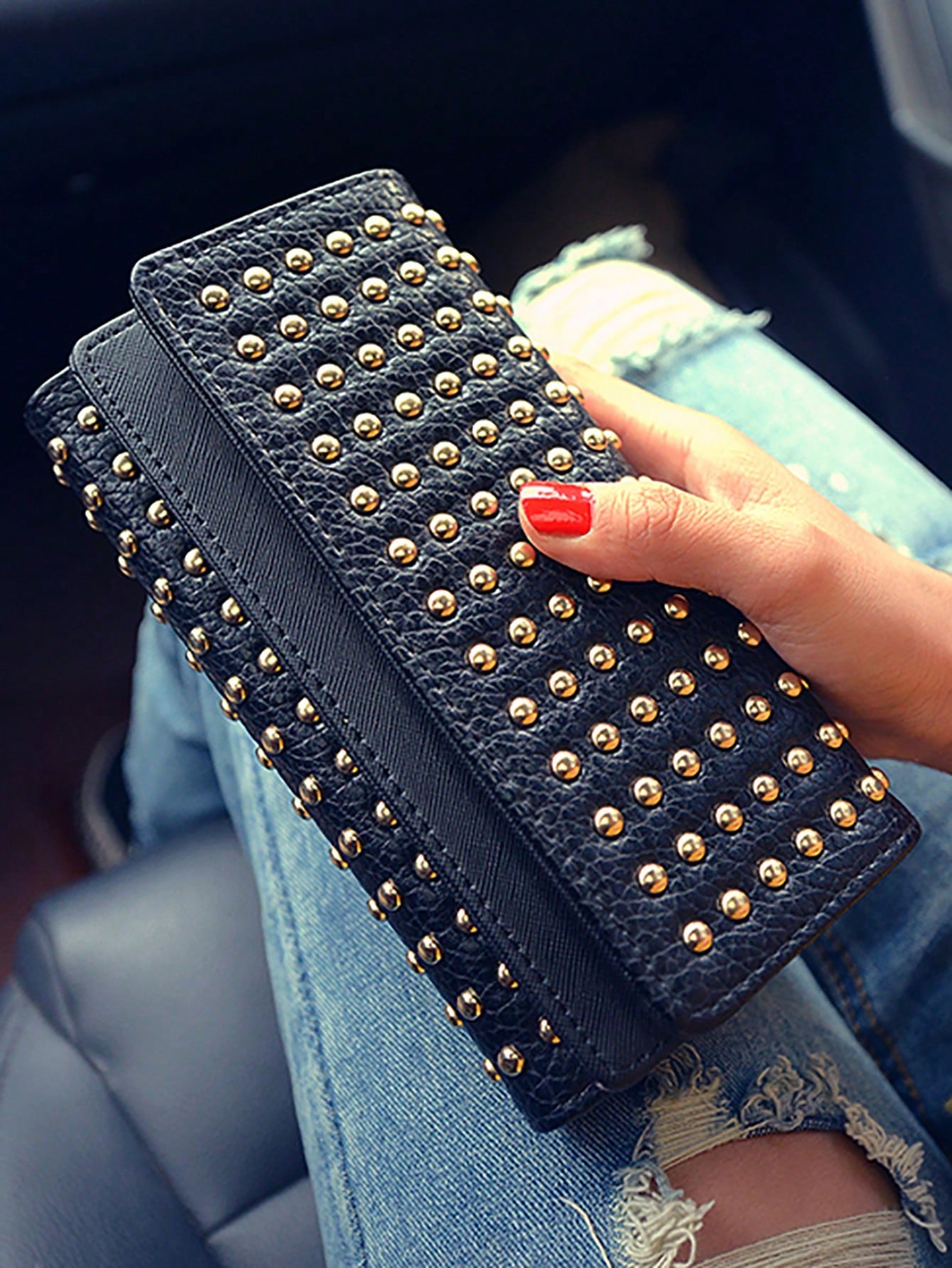 Fashionable Rivet Decorated Trifold Long Wallet, Versatile For Daily Use