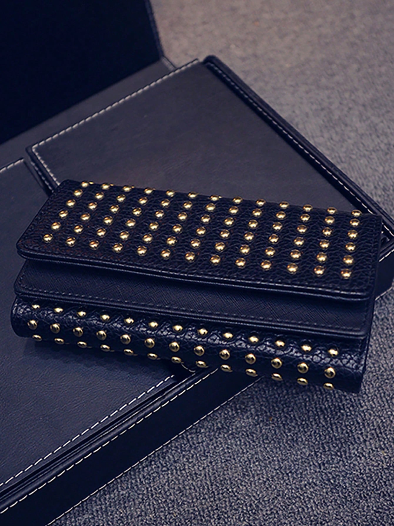 Fashionable Rivet Decorated Trifold Long Wallet, Versatile For Daily Use