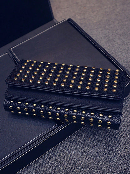 Fashionable Rivet Decorated Trifold Long Wallet, Versatile For Daily Use