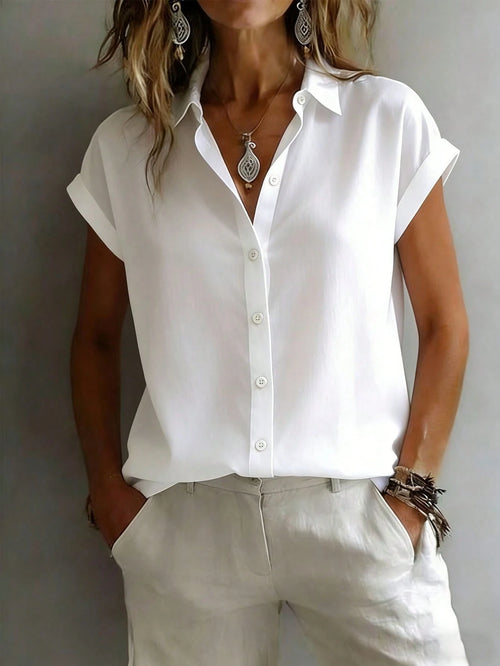 Fashionable Short Sleeve Collared Shirt For Women, Versatile Loose Casual Commute Sleeveless Top, Solid Color Button Front White Summer, Office Siren, Work To Weekend