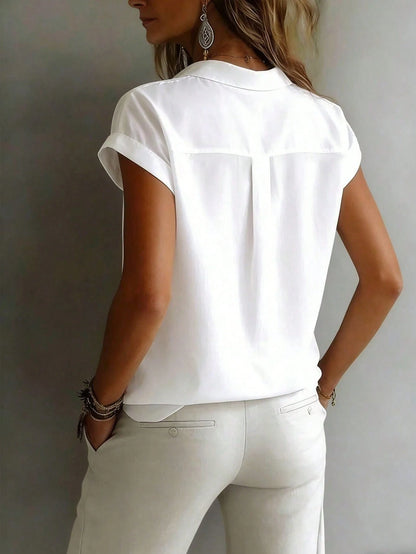 Fashionable Short Sleeve Collared Shirt For Women, Versatile Loose Casual Commute Sleeveless Top, Solid Color Button Front White Summer, Office Siren, Work To Weekend