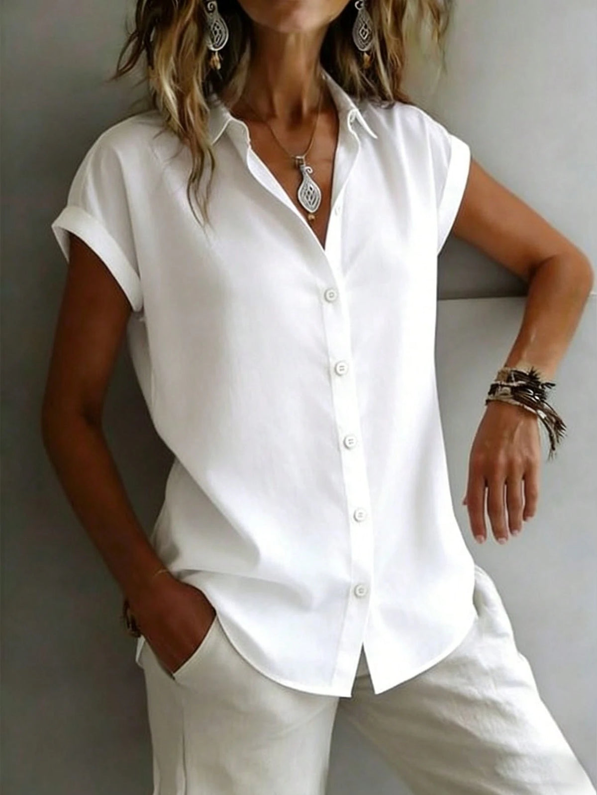 Fashionable Short Sleeve Collared Shirt For Women, Versatile Loose Casual Commute Sleeveless Top, Solid Color Button Front White Summer, Office Siren, Work To Weekend